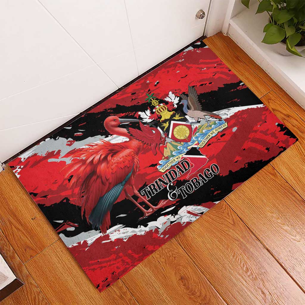 Red rubber doormat with flamingos and crest graphic, rectangular mat for entryway