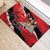 Red rubber doormat with flamingos, shield emblem and multicolor crest, rectangular