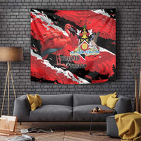 Red wall tapestry with flamingo, crest shield emblem, and Trinidad and Tobago text