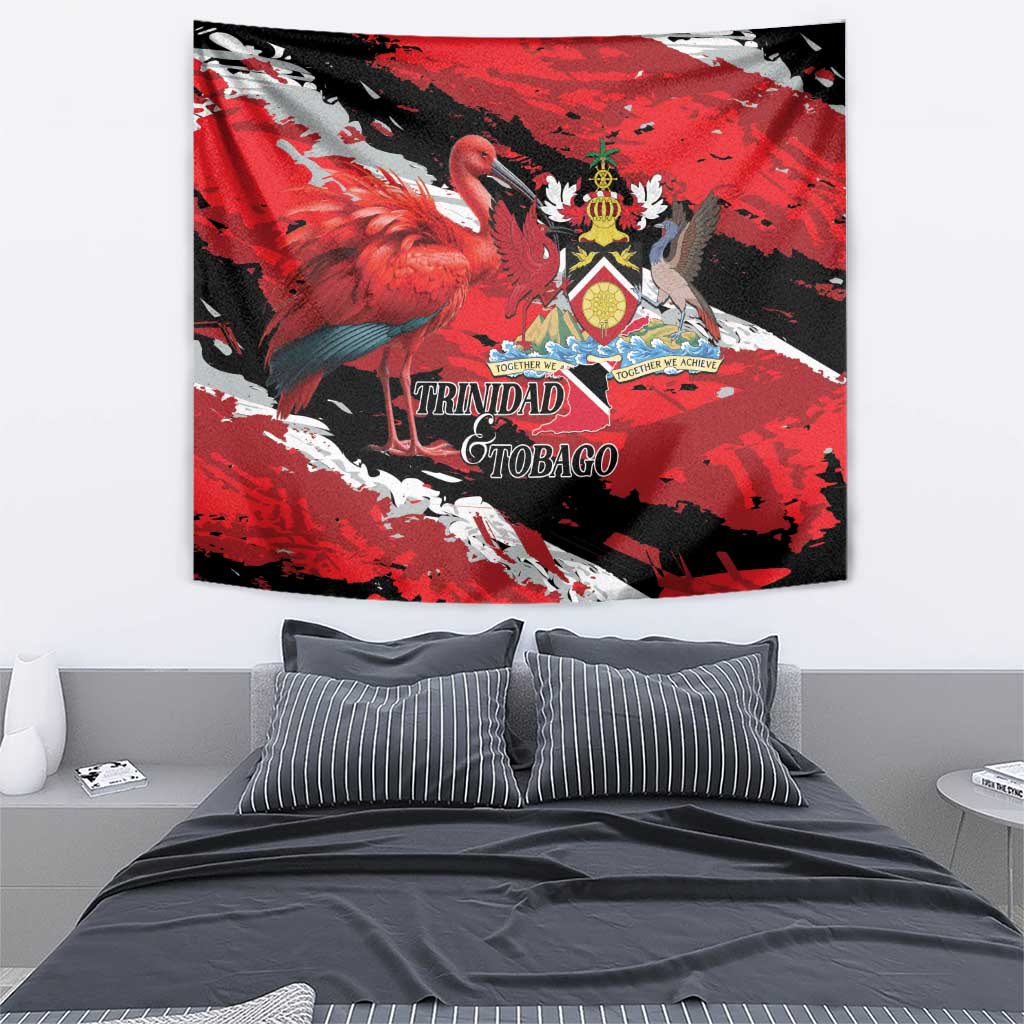 Red wall tapestry featuring flamingo, crest emblem, and decorative Trinidad and Tobago lettering
