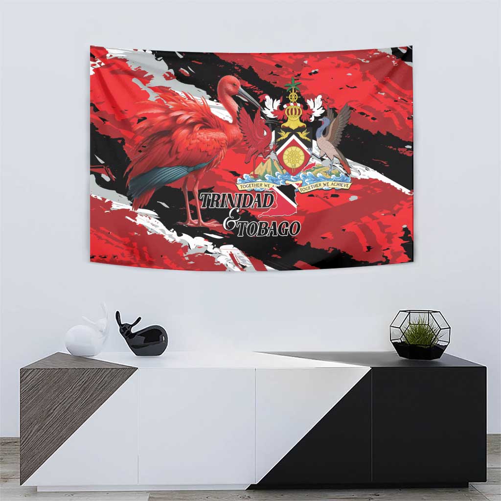 Red wall tapestry with flamingo, crest shield, and Trinidad Tobago lettering