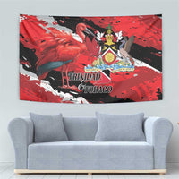 Red wall tapestry with flamingo and coat-of-arms crest, Trinidad Tobago lettering