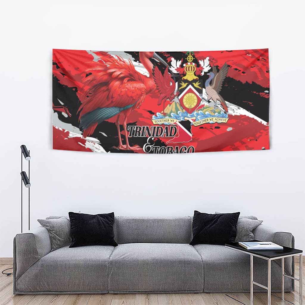 Red wall tapestry with flamingo, coat-of-arms crest, and large Trinidad Tobago title