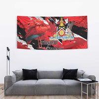 Red wall tapestry with flamingo, coat-of-arms crest, and large Trinidad Tobago title
