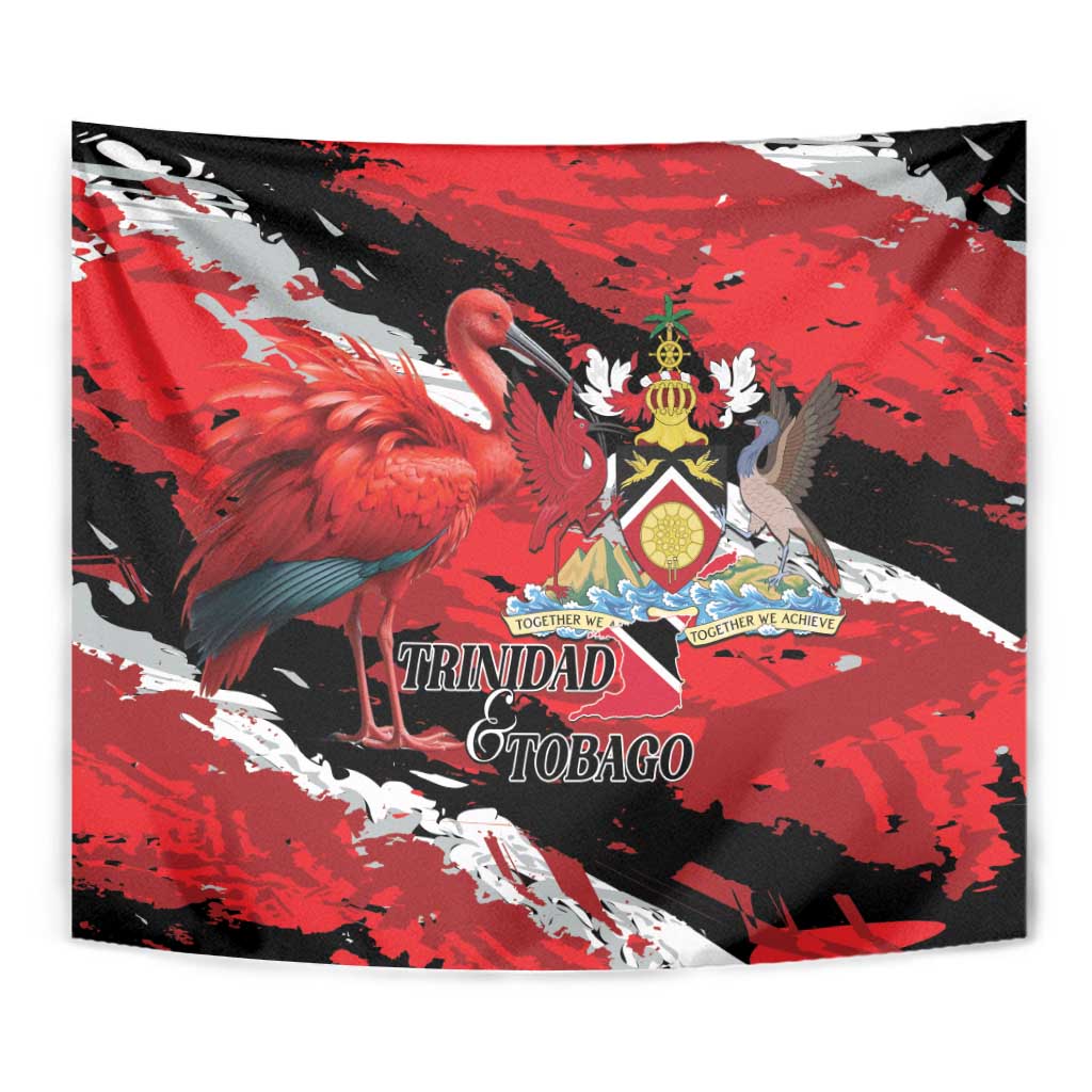 Red and black wall tapestry close-up with flamingo and crest emblem