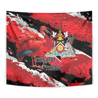 Red and black wall tapestry close-up with flamingo and crest emblem
