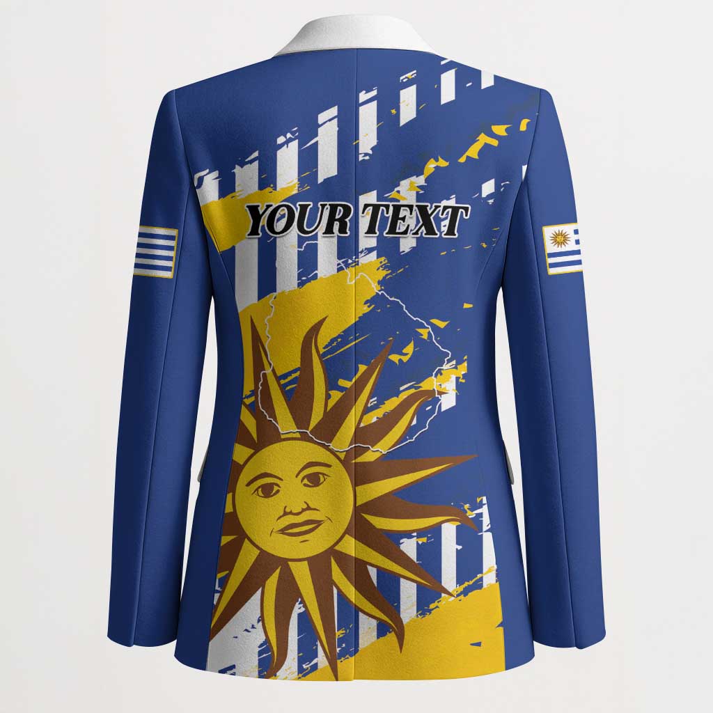 Blue blazer back with “YOUR TEXT” print and sun-and-flag graphic
