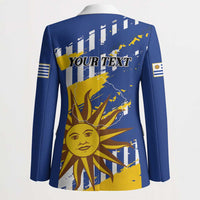 Blue blazer back with “YOUR TEXT” print and sun-and-flag graphic