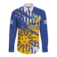 Blue long-sleeve button shirt with front Uruguay 200th Independence Day graphic