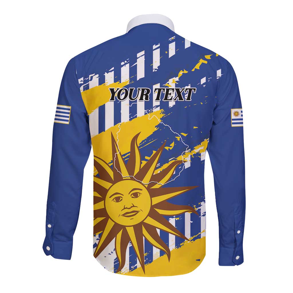 Blue long-sleeve button shirt with back YOUR TEXT sunburst graphic