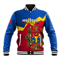 Unisex blue baseball jacket with Moldova Independence Day graphic, striped rib collar and cuffs