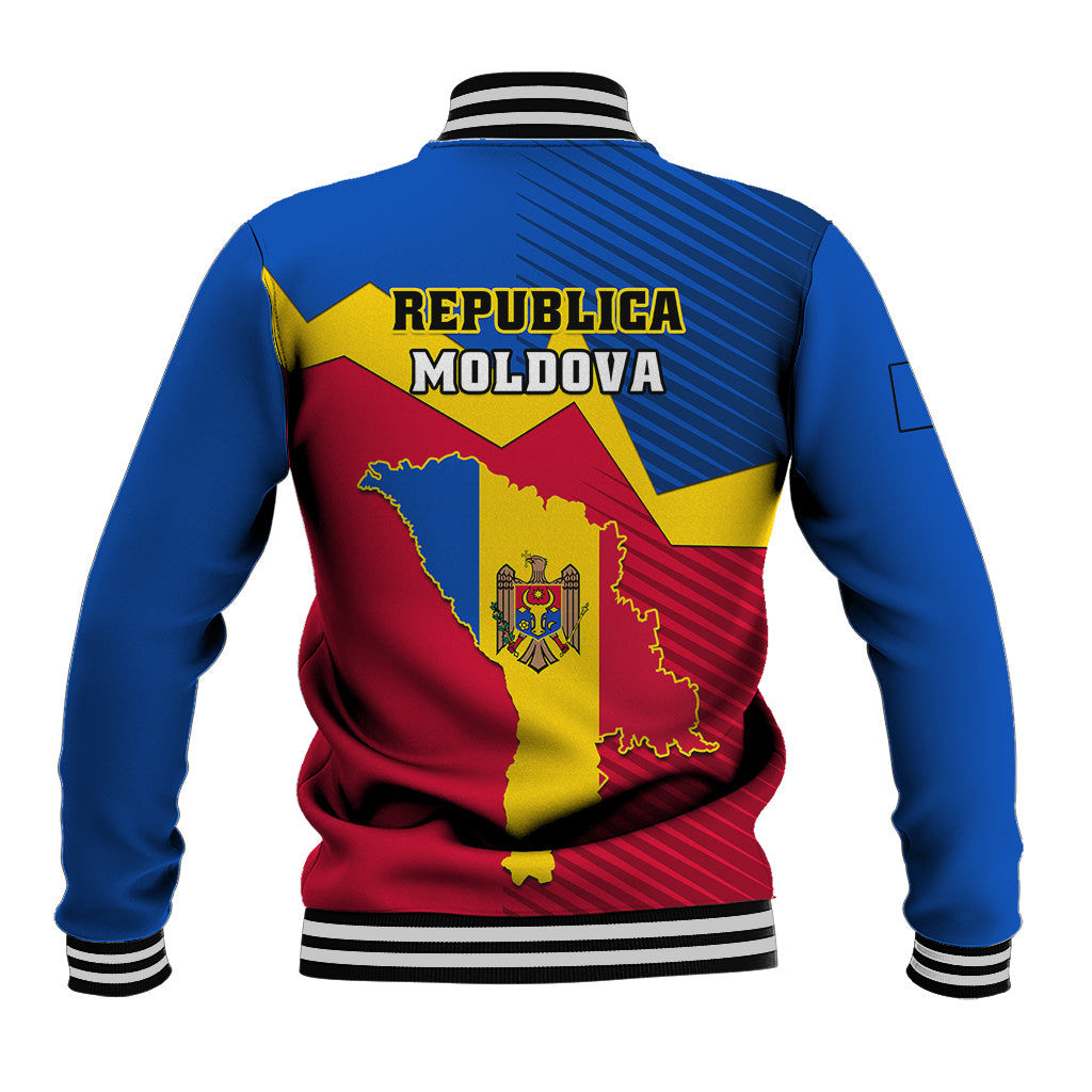 Unisex blue baseball jacket with REPUBLICA MOLDOVA back print, striped rib hem and cuffs