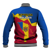 Unisex blue baseball jacket with REPUBLICA MOLDOVA back print, striped rib hem and cuffs