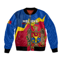 Unisex bomber jacket in blue with red Moldova crest graphic, zip front, ribbed cuffs