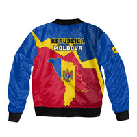 Unisex bomber jacket with blue back and red Moldova map graphic, ribbed collar, zip front
