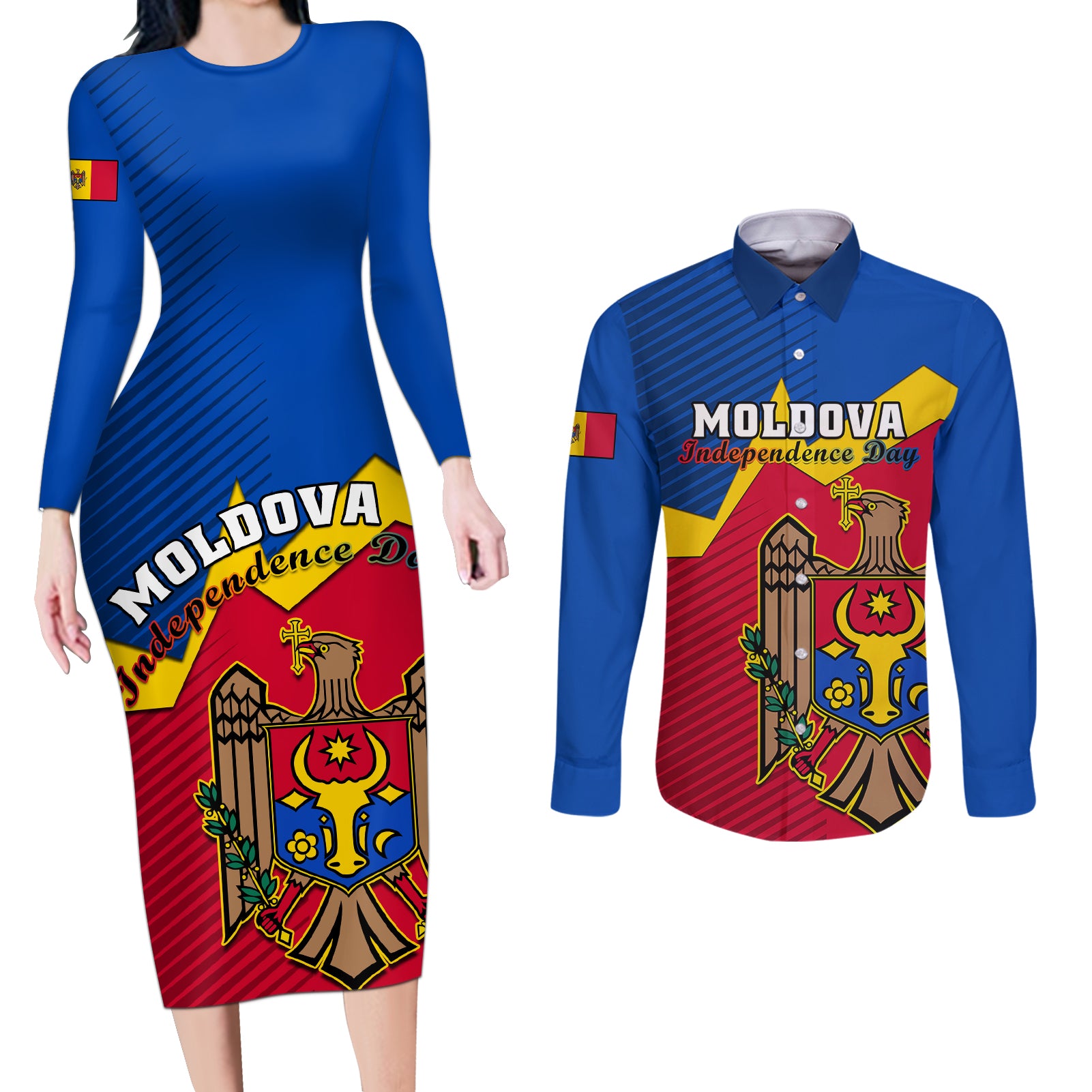 Moldova Independence Day Couples Matching Long Sleeve Bodycon Dress and Long Sleeve Button Shirts Coat of Arms Special Version - Wonder Print Shop