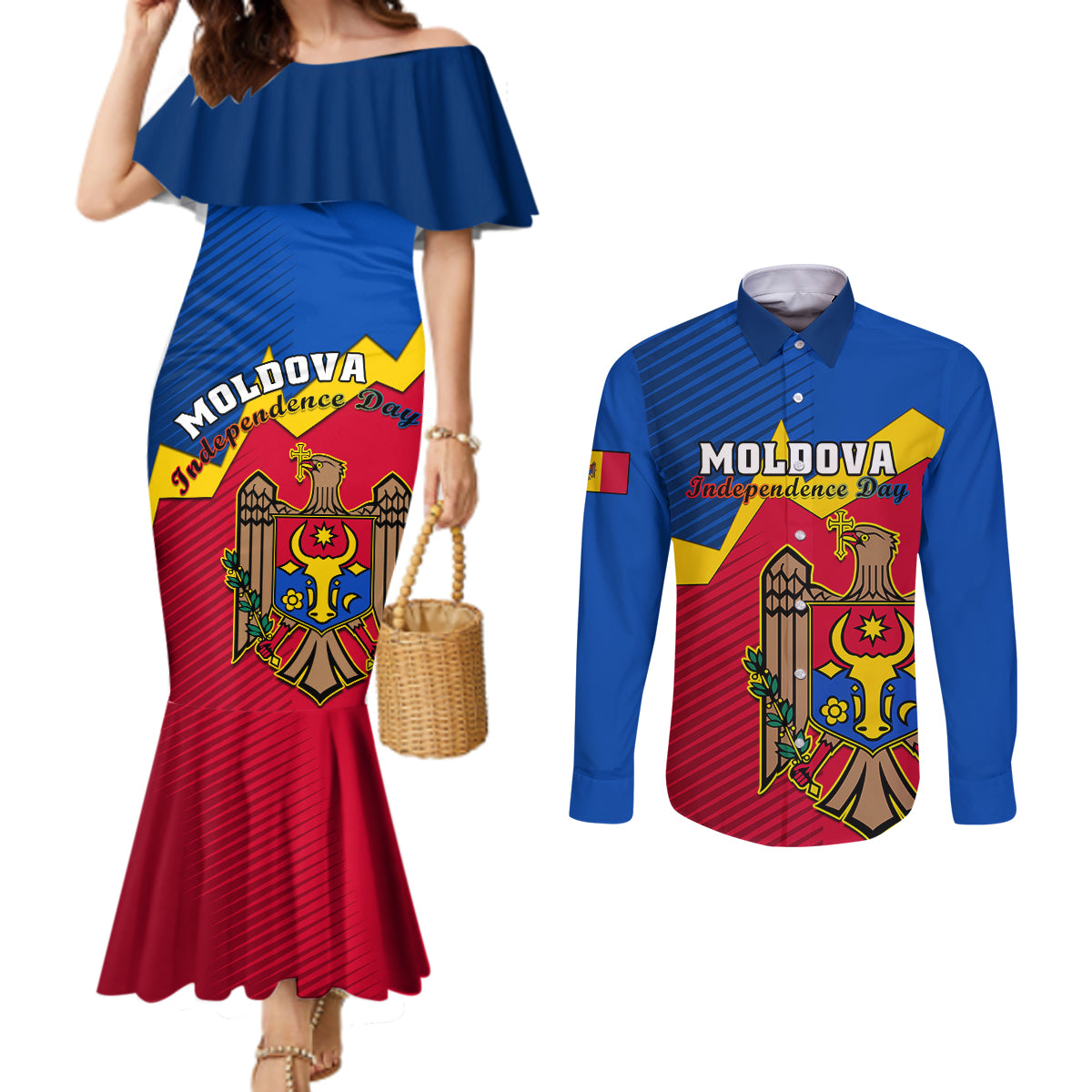 moldova-independence-day-couples-matching-mermaid-dress-and-long-sleeve-button-shirts-coat-of-arms-special-version