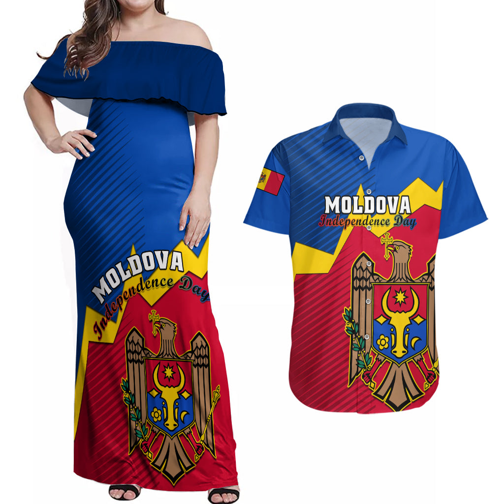 Moldova Independence Day Couples Matching Off Shoulder Maxi Dress and Hawaiian Shirt Coat of Arms Special Version - Wonder Print Shop