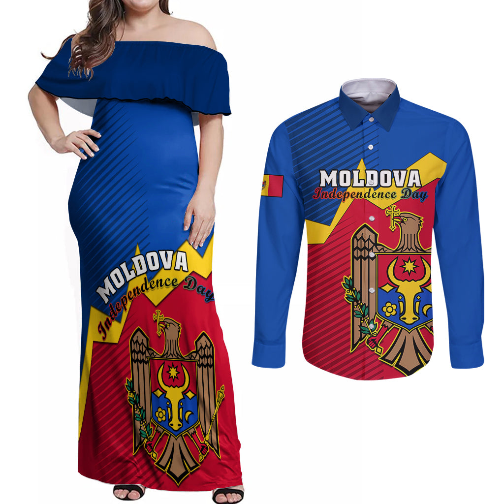 Moldova Independence Day Couples Matching Off Shoulder Maxi Dress and Long Sleeve Button Shirts Coat of Arms Special Version - Wonder Print Shop