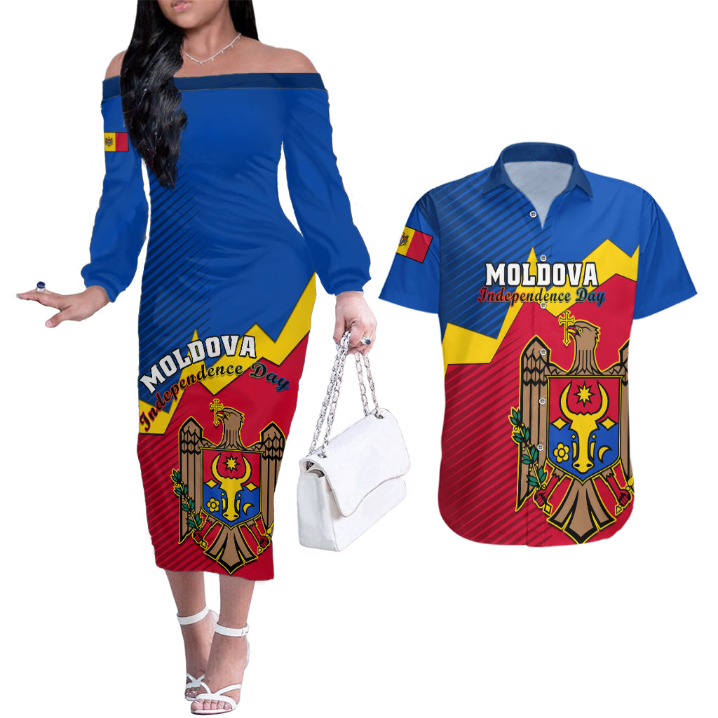 Moldova Independence Day Couples Matching Off The Shoulder Long Sleeve Dress and Hawaiian Shirt Coat of Arms Special Version - Wonder Print Shop