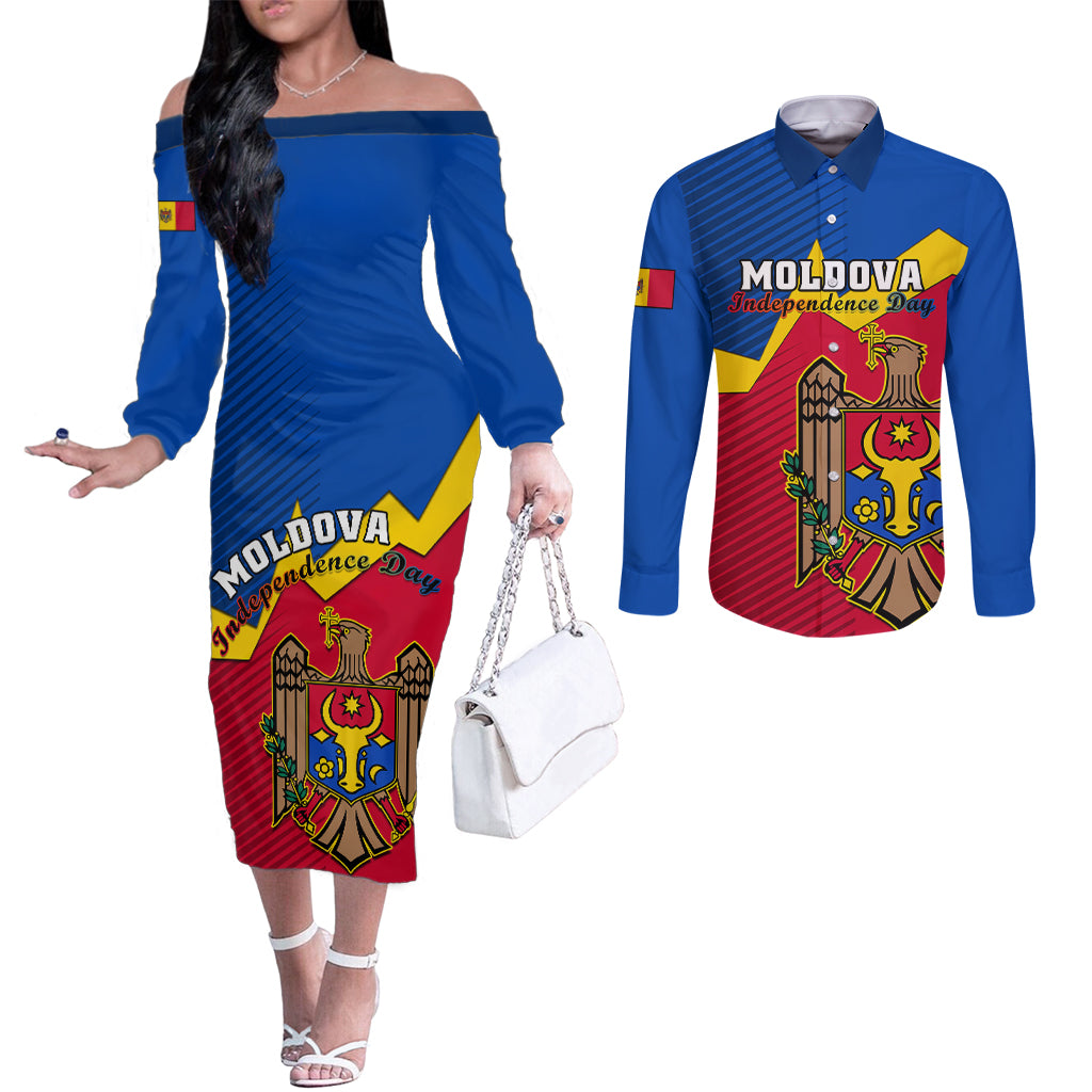 moldova-independence-day-couples-matching-off-the-shoulder-long-sleeve-dress-and-long-sleeve-button-shirts-coat-of-arms-special-version