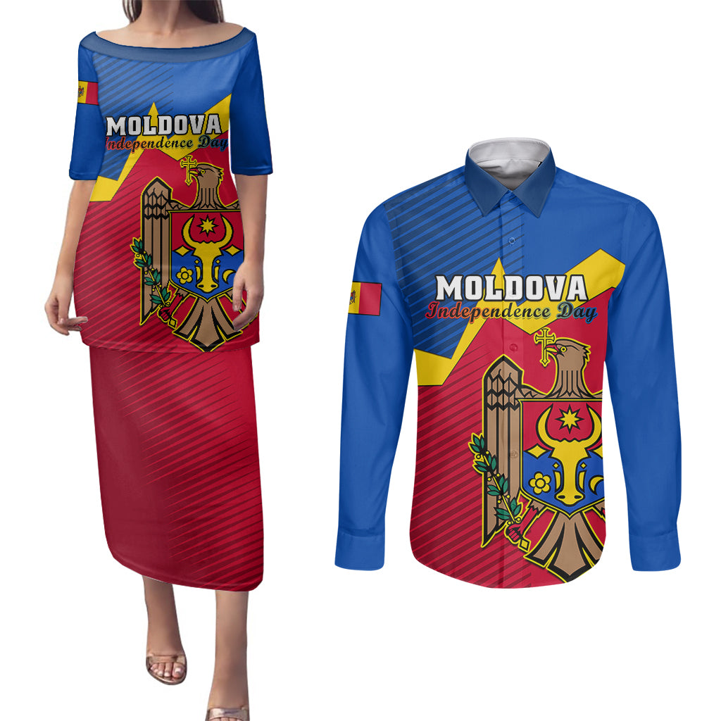 Moldova Independence Day Couples Matching Puletasi Dress and Long Sleeve Button Shirts Coat of Arms Special Version - Wonder Print Shop