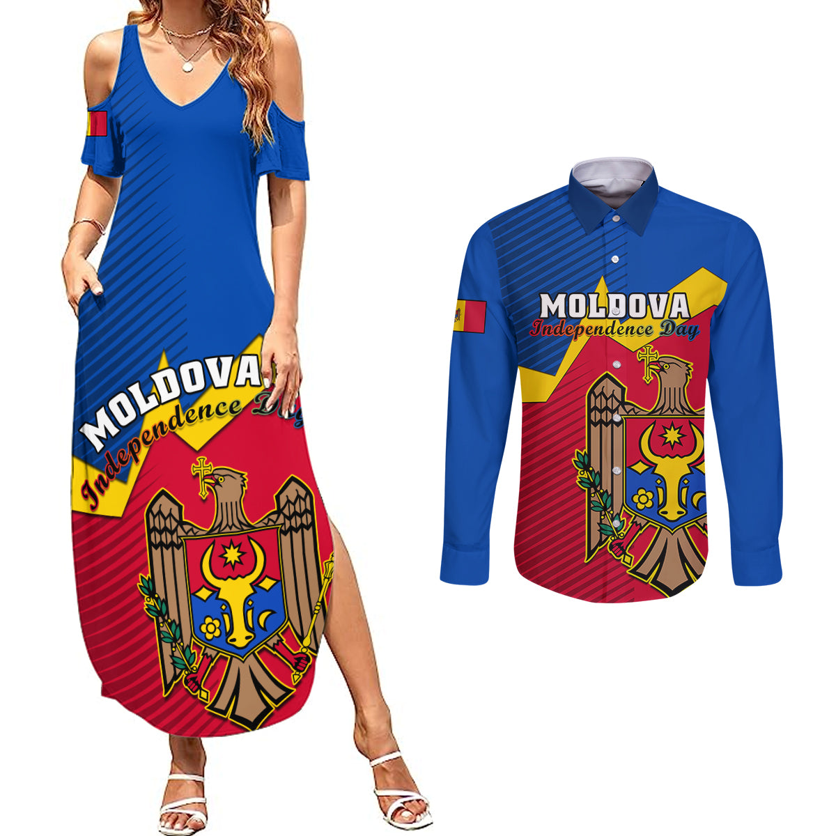 Moldova Independence Day Couples Matching Summer Maxi Dress and Long Sleeve Button Shirts Coat of Arms Special Version - Wonder Print Shop