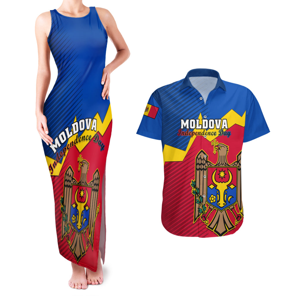 Moldova Independence Day Couples Matching Tank Maxi Dress and Hawaiian Shirt Coat of Arms Special Version - Wonder Print Shop