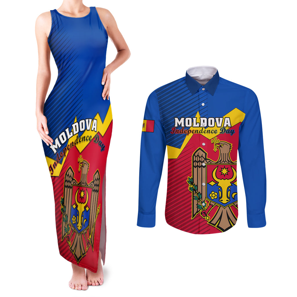 Moldova Independence Day Couples Matching Tank Maxi Dress and Long Sleeve Button Shirts Coat of Arms Special Version - Wonder Print Shop