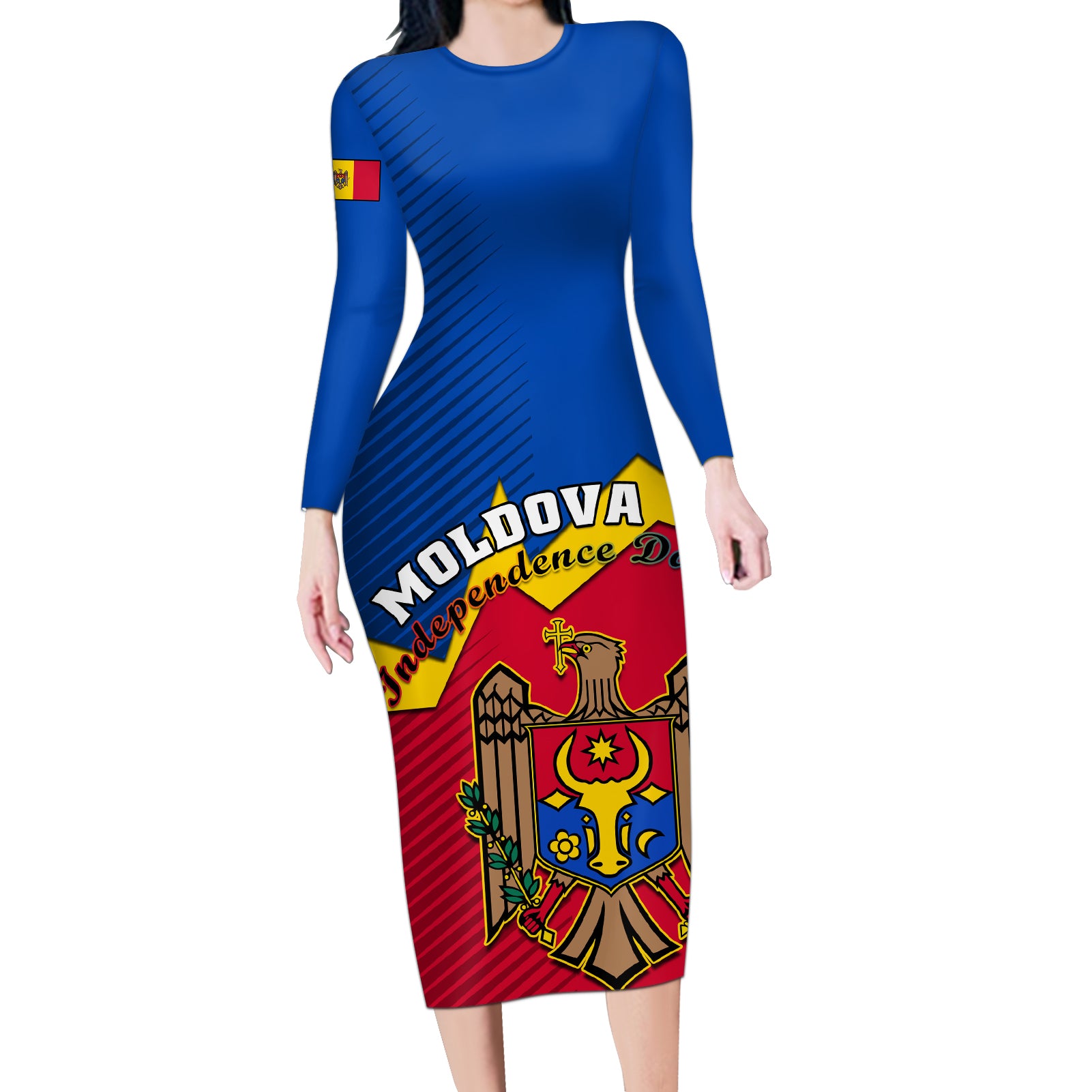 Moldova Independence Day Long Sleeve Bodycon Dress Coat of Arms Special Version - Wonder Print Shop