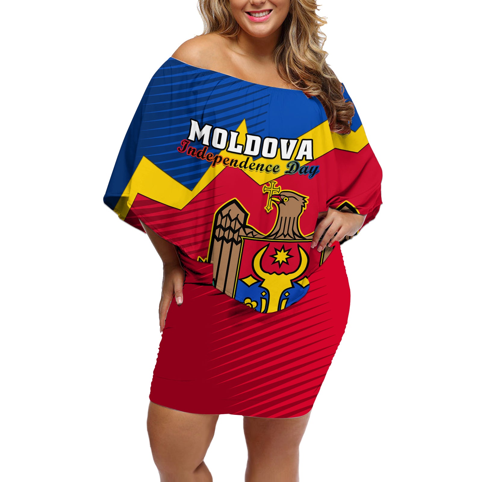 Moldova Independence Day Off Shoulder Short Dress Coat of Arms Special Version - Wonder Print Shop