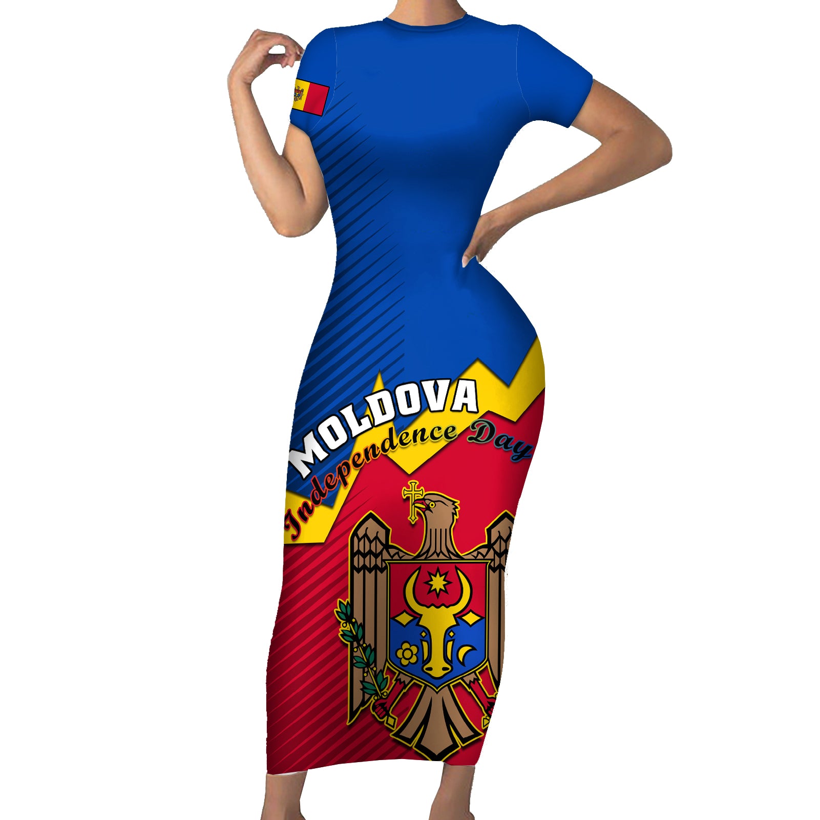 Moldova Independence Day Short Sleeve Bodycon Dress Coat of Arms Special Version - Wonder Print Shop