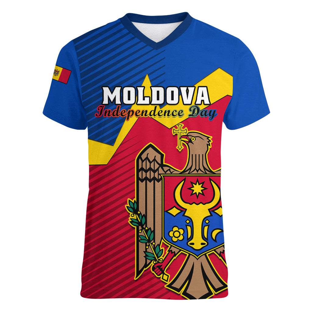 Moldova Independence Day Women V Neck T Shirt Coat of Arms Special Version - Wonder Print Shop