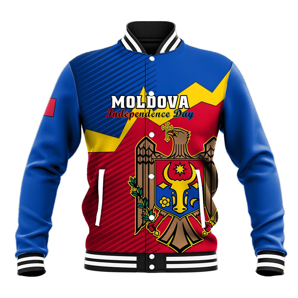 Blue unisex varsity baseball jacket with Moldova emblem and Independence Day graphic