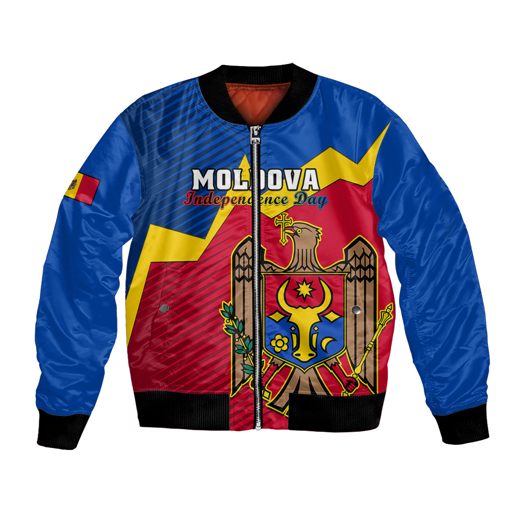 Personalized blue bomber jacket with Moldova flag, coat of arms, and Independence Day text