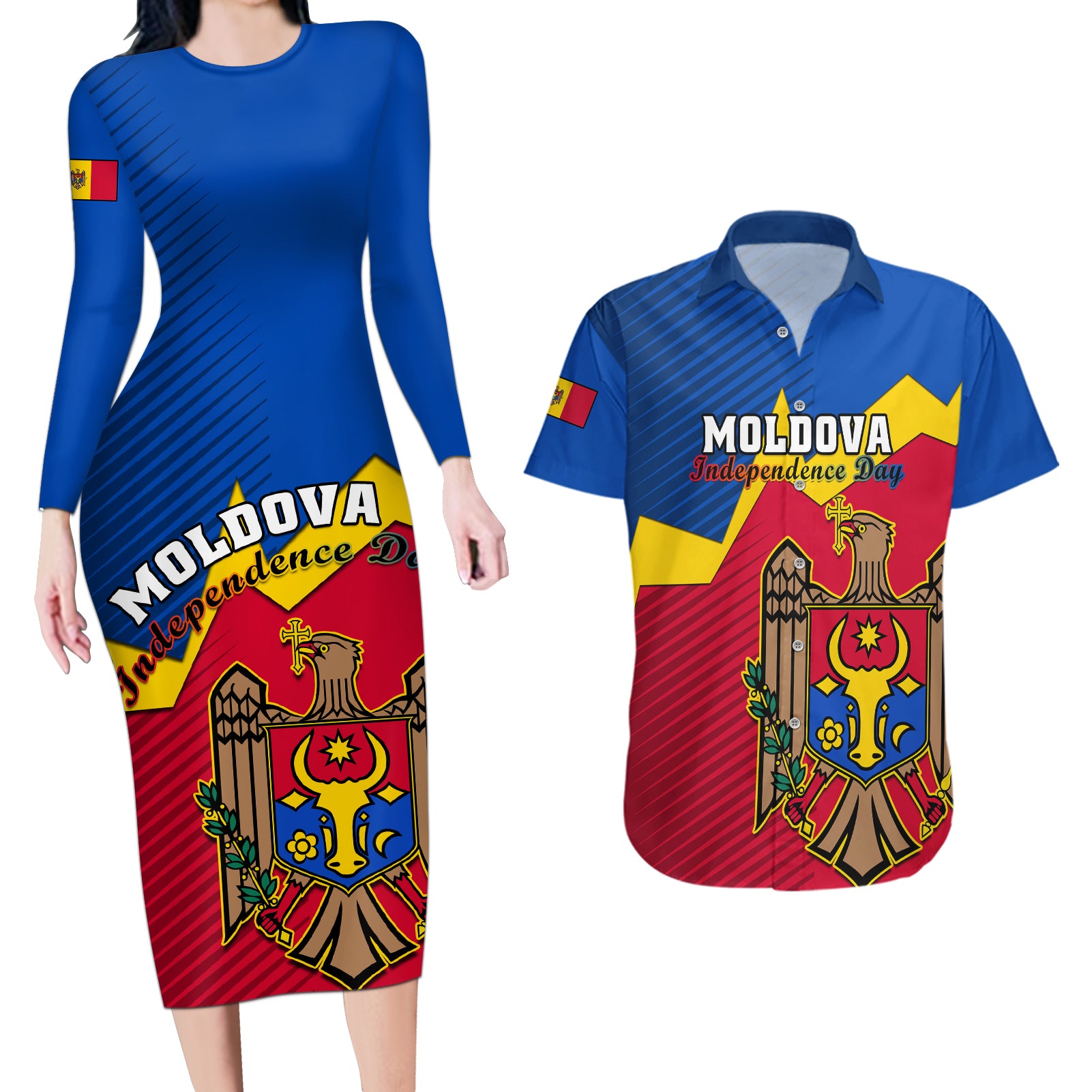 Personalised Moldova Independence Day Couples Matching Long Sleeve Bodycon Dress and Hawaiian Shirt Coat of Arms Special Version - Wonder Print Shop