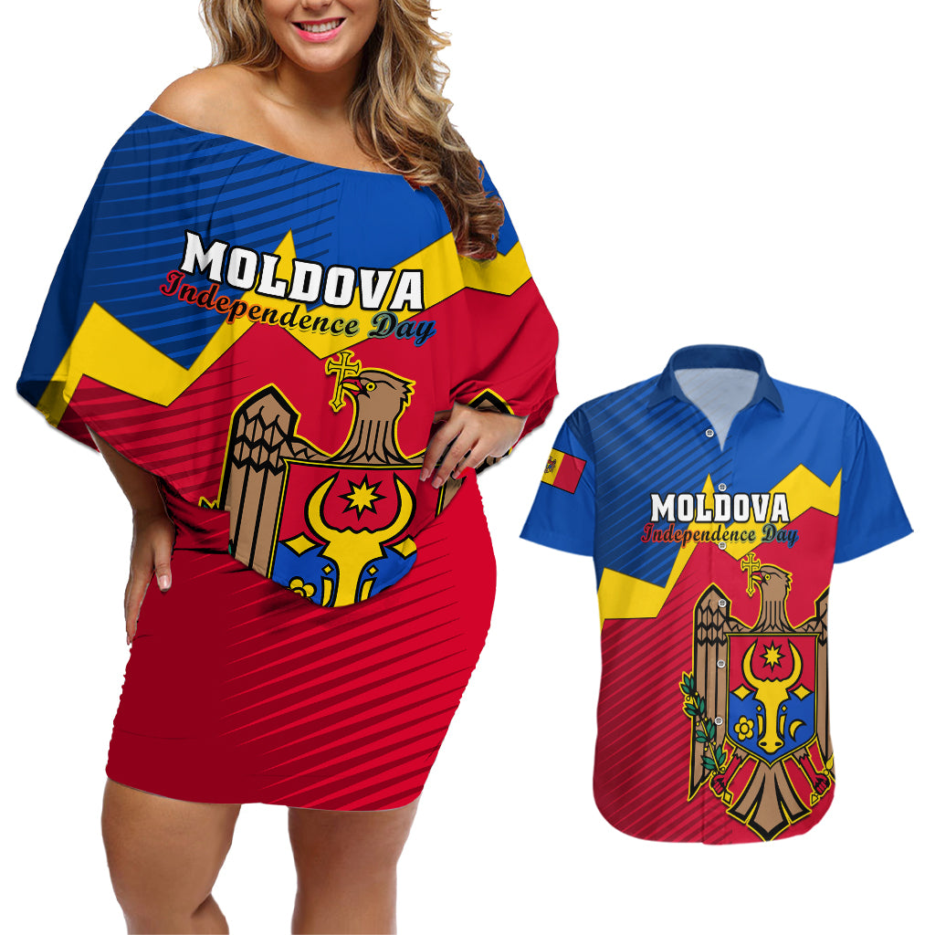 Personalised Moldova Independence Day Couples Matching Off Shoulder Short Dress and Hawaiian Shirt Coat of Arms Special Version - Wonder Print Shop