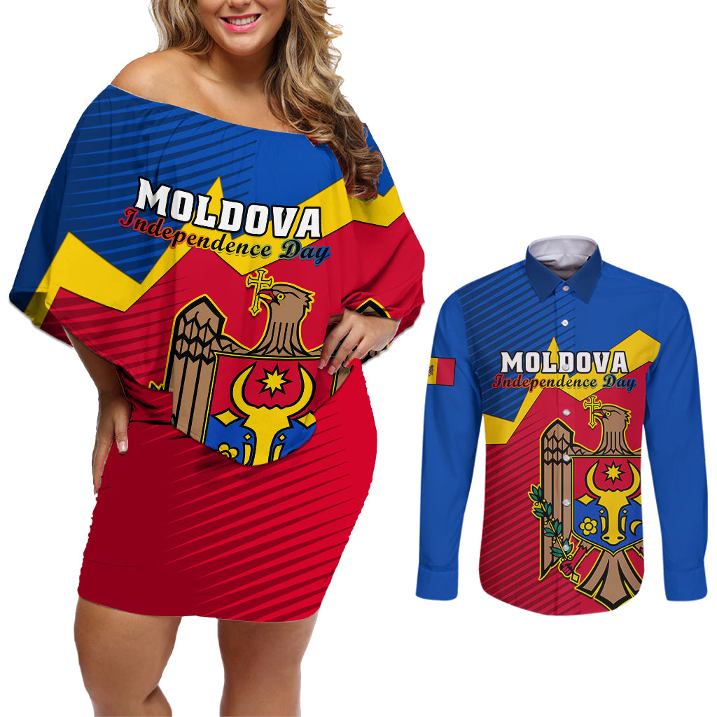 Personalised Moldova Independence Day Couples Matching Off Shoulder Short Dress and Long Sleeve Button Shirts Coat of Arms Special Version - Wonder Print Shop