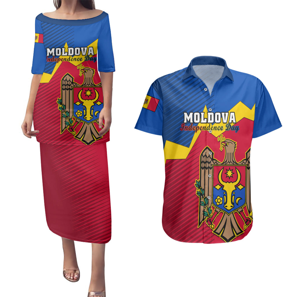 Personalised Moldova Independence Day Couples Matching Puletasi Dress and Hawaiian Shirt Coat of Arms Special Version - Wonder Print Shop