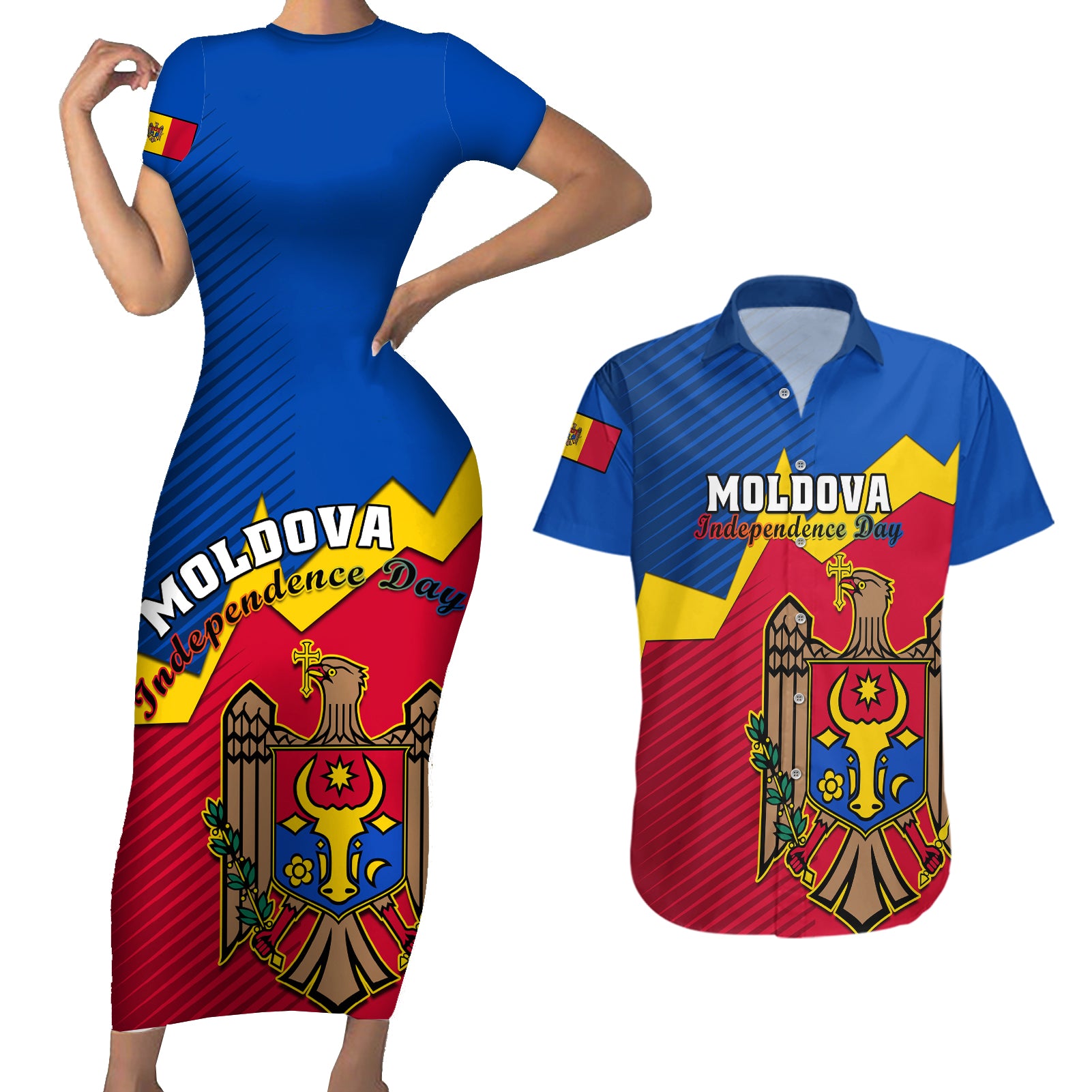 Personalised Moldova Independence Day Couples Matching Short Sleeve Bodycon Dress and Hawaiian Shirt Coat of Arms Special Version - Wonder Print Shop