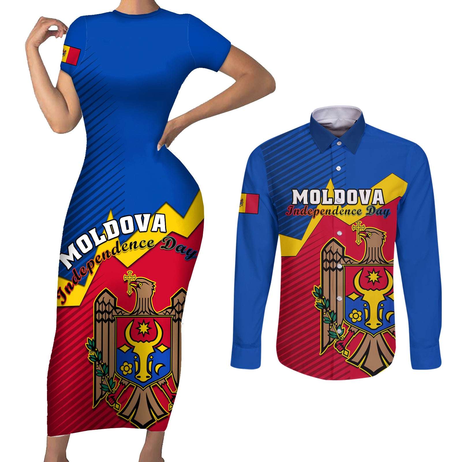 Personalised Moldova Independence Day Couples Matching Short Sleeve Bodycon Dress and Long Sleeve Button Shirts Coat of Arms Special Version - Wonder Print Shop