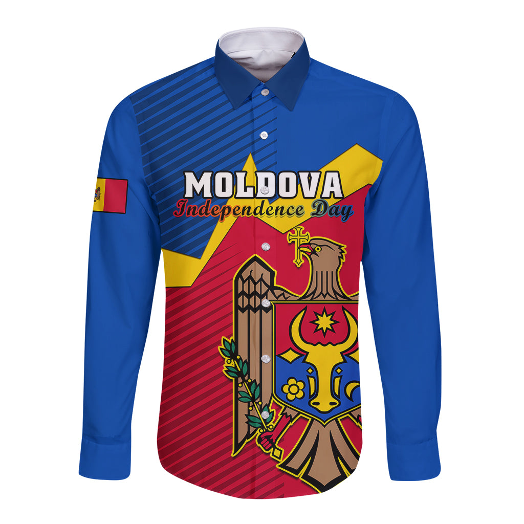 Blue long-sleeve button shirt with Moldova Independence Day graphic and coat of arms