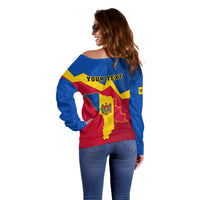 Back view of off-shoulder sweater with “YOUR TEXT” and Moldova map crest graphic