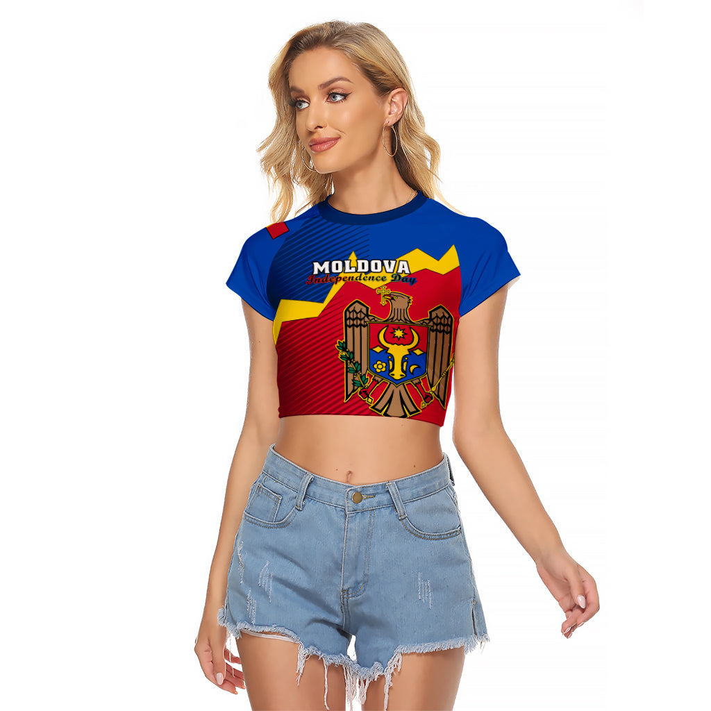 Personalised Moldova Independence Day Raglan Cropped T Shirt Coat of Arms Special Version - Wonder Print Shop