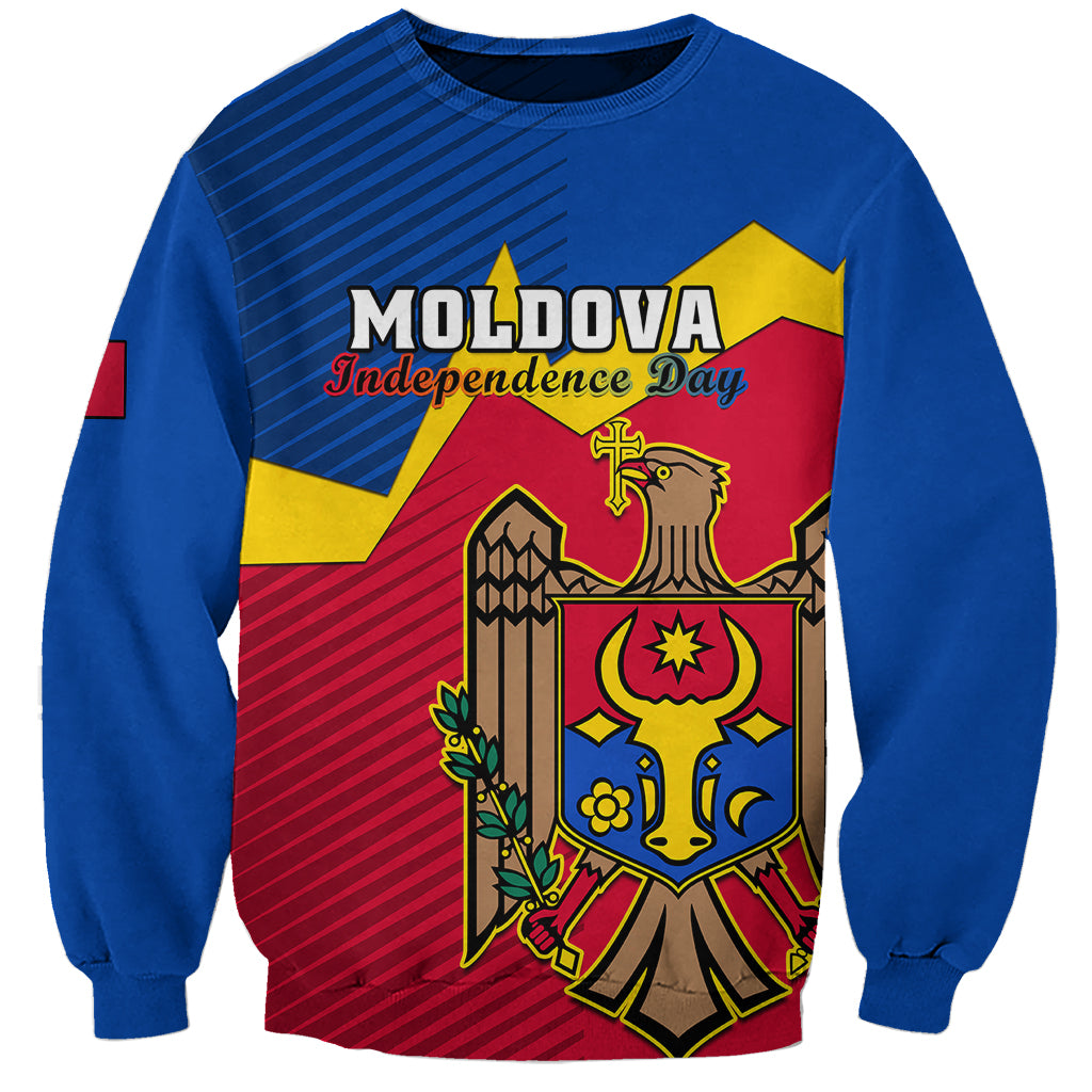 Blue crewneck sweatshirt with red-yellow Moldova independence day crest graphic