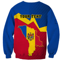 Blue crewneck sweatshirt with Moldova map and 'YOUR TEXT' yellow banner