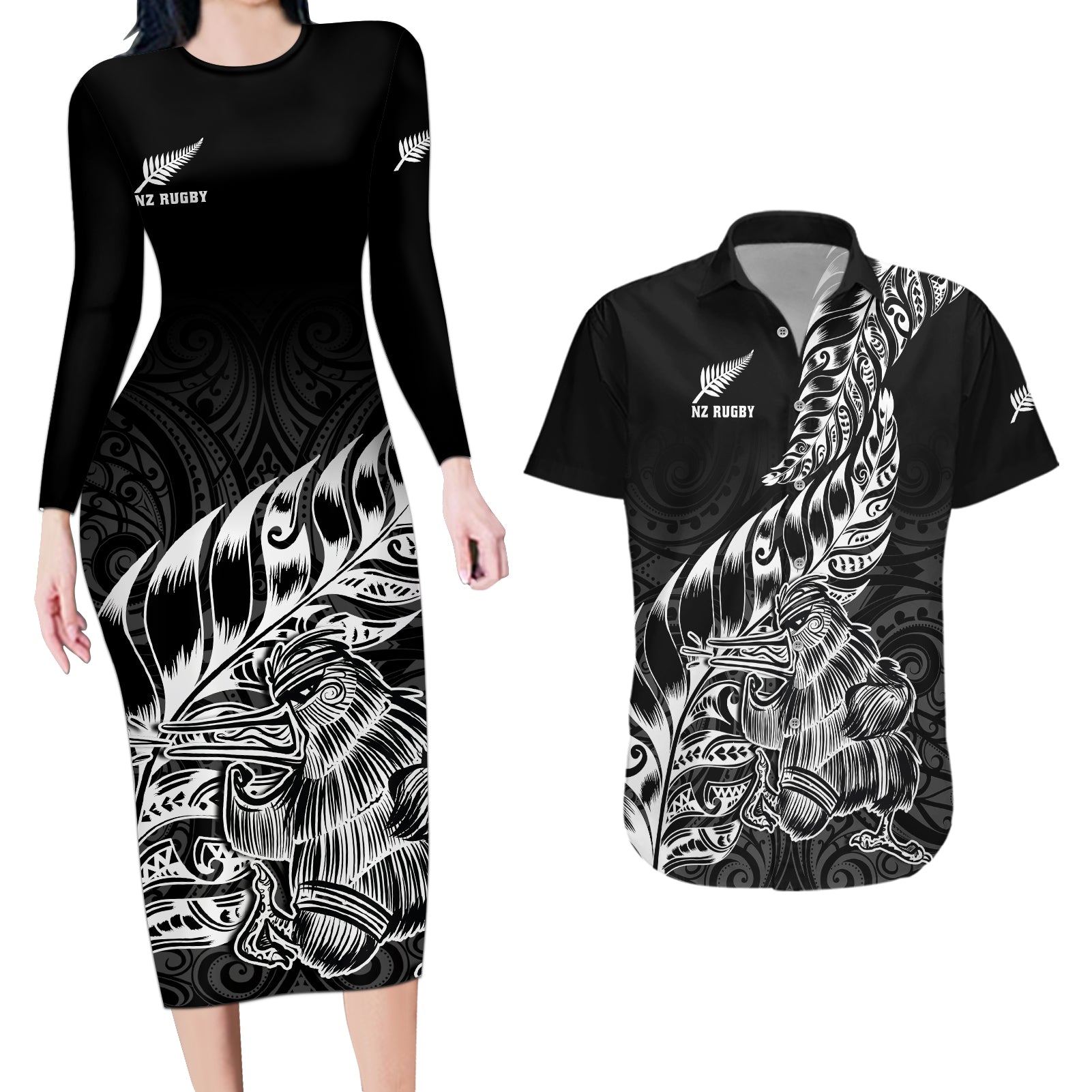 New Zealand Silver Fern Rugby Couples Matching Long Sleeve Bodycon Dress and Hawaiian Shirt Aotearoa Kiwi Maori Black Version - Wonder Print Shop