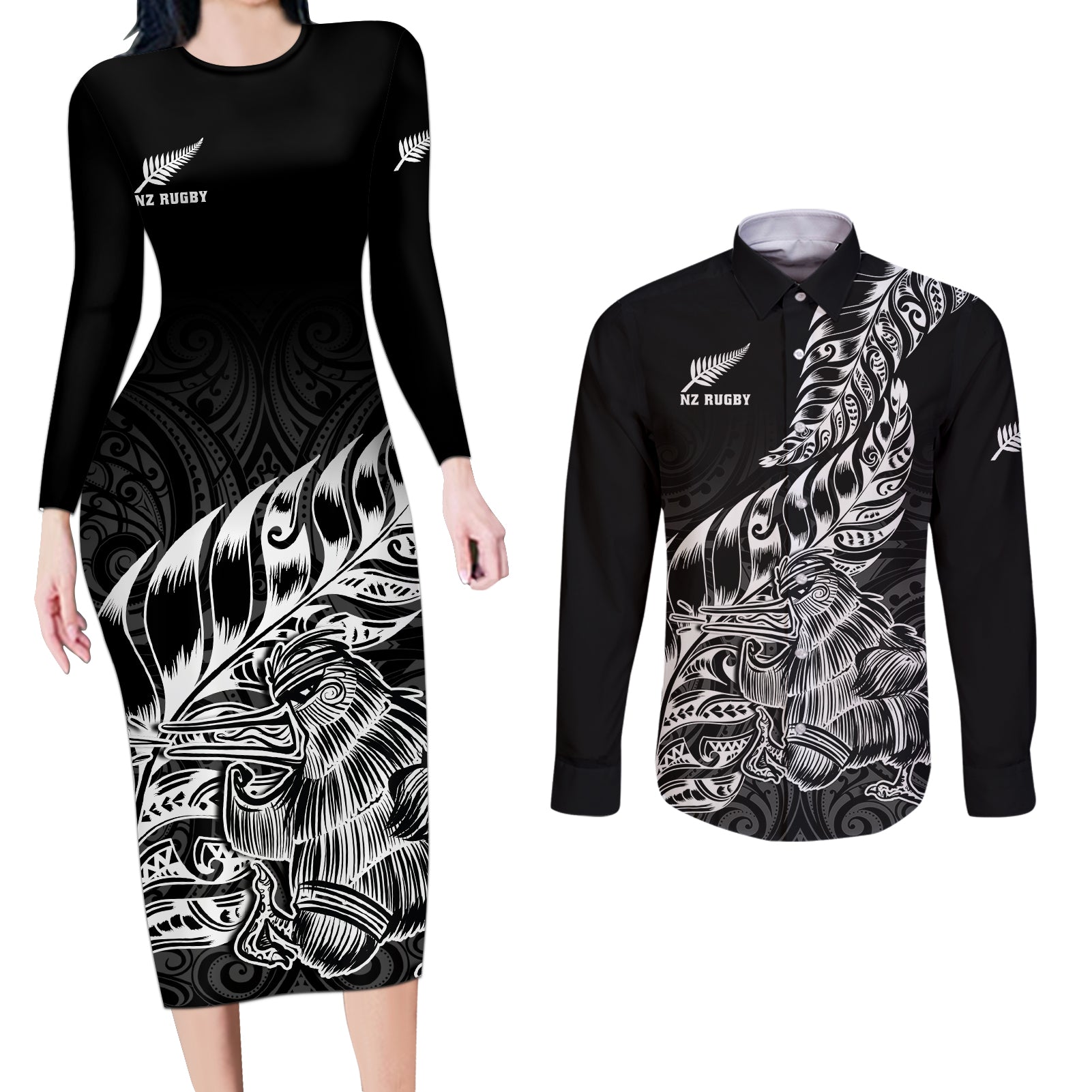 New Zealand Silver Fern Rugby Couples Matching Long Sleeve Bodycon Dress and Long Sleeve Button Shirts Aotearoa Kiwi Maori Black Version - Wonder Print Shop