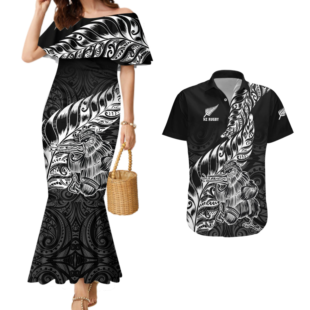 New Zealand Silver Fern Rugby Couples Matching Mermaid Dress and Hawaiian Shirt Aotearoa Kiwi Maori Black Version - Wonder Print Shop