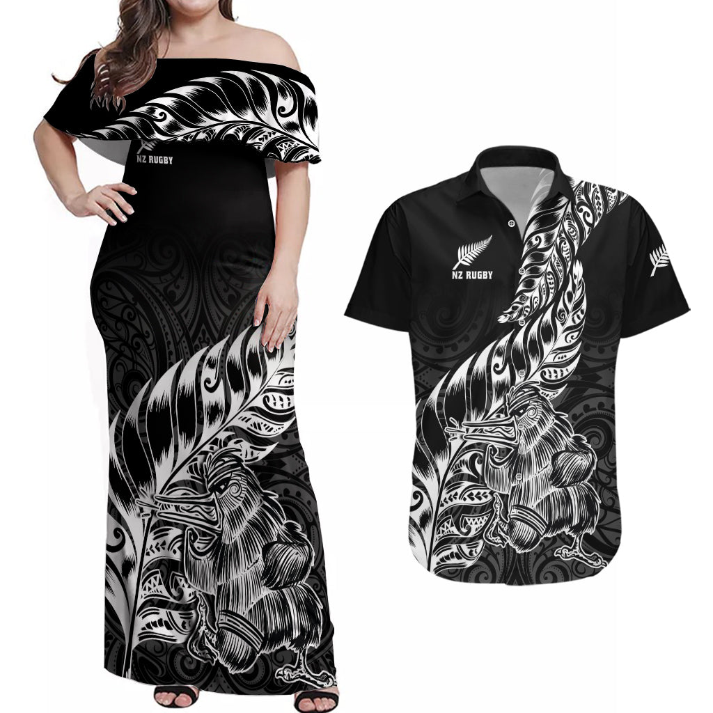 New Zealand Silver Fern Rugby Couples Matching Off Shoulder Maxi Dress and Hawaiian Shirt Aotearoa Kiwi Maori Black Version - Wonder Print Shop